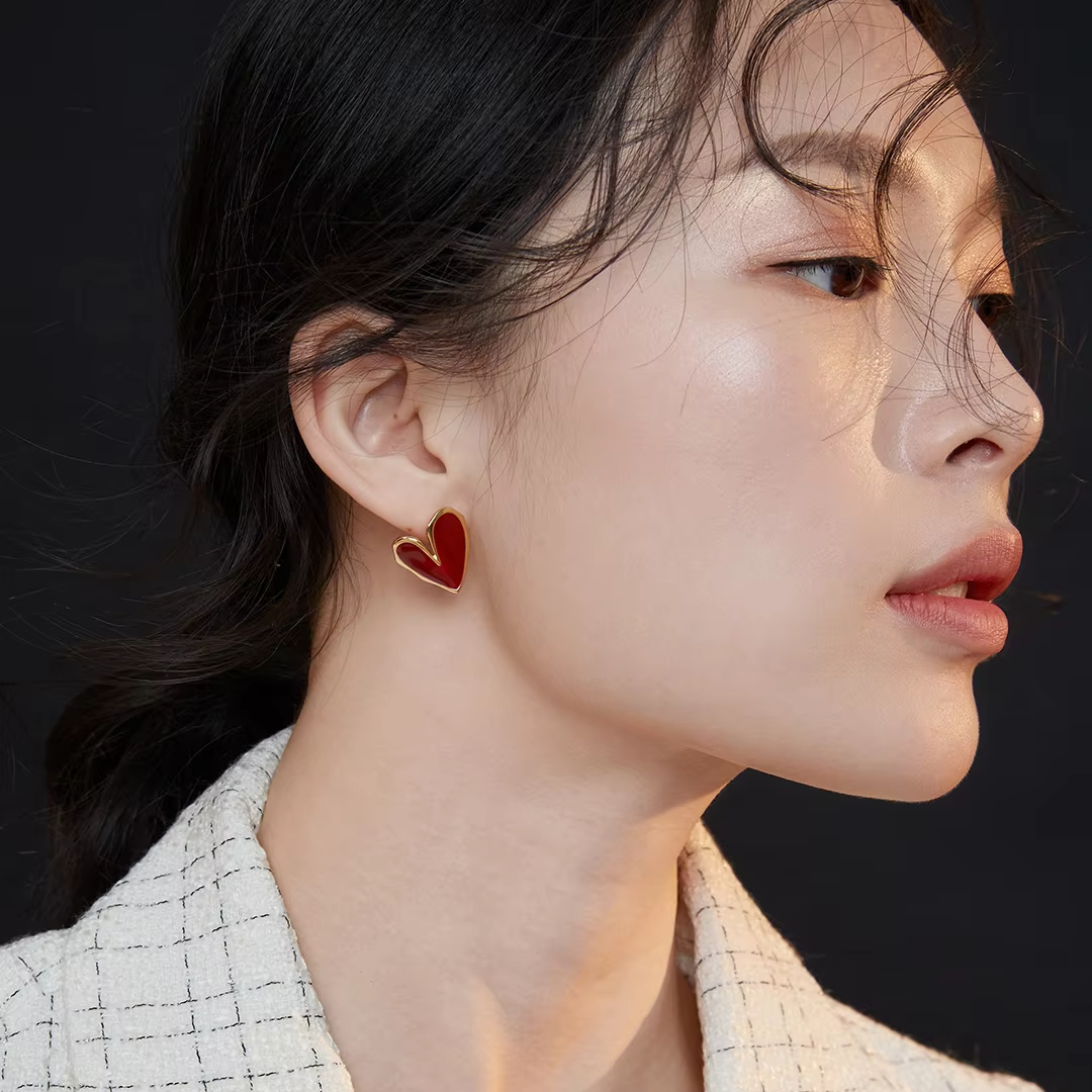 Heart Gold Plated Women's Vintage Stud Earrings China Red Drop Oil Series Wedding Party Christmas New Year Love Gift Box