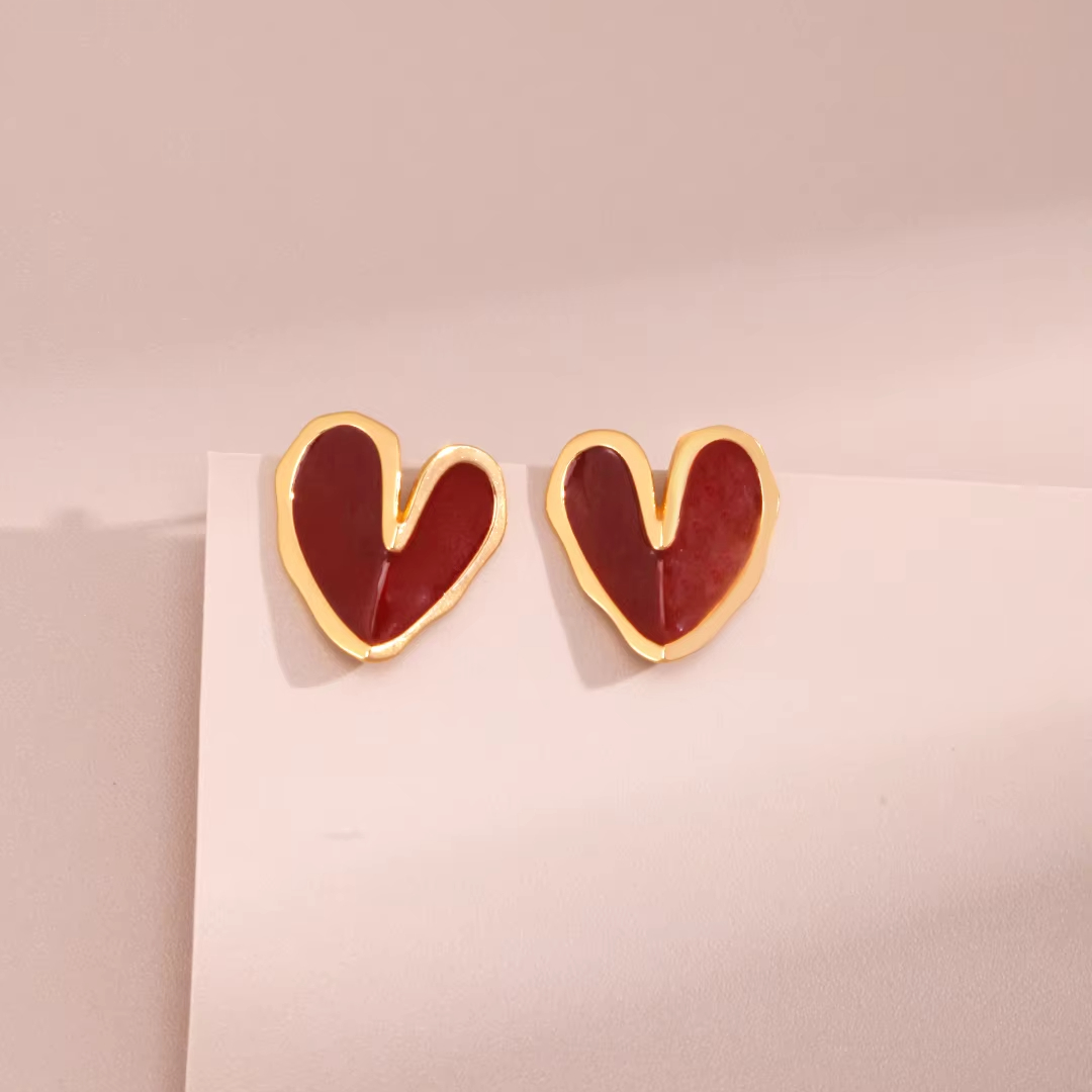 Heart Gold Plated Women's Vintage Stud Earrings China Red Drop Oil Series Wedding Party Christmas New Year Love Gift Box