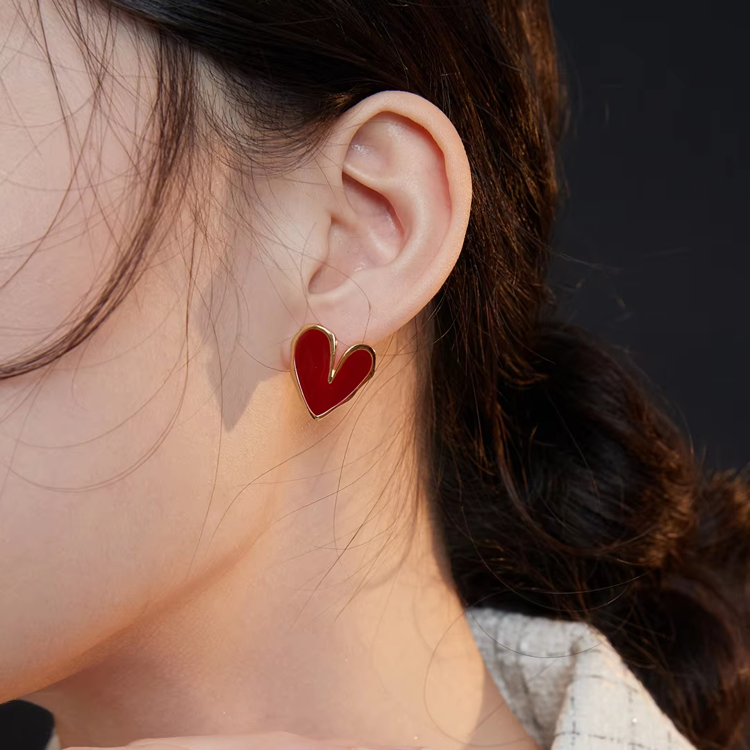 Heart Gold Plated Women's Vintage Stud Earrings China Red Drop Oil Series Wedding Party Christmas New Year Love Gift Box