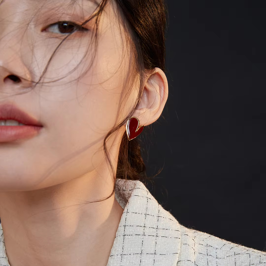 Heart Gold Plated Women's Vintage Stud Earrings China Red Drop Oil Series Wedding Party Christmas New Year Love Gift Box