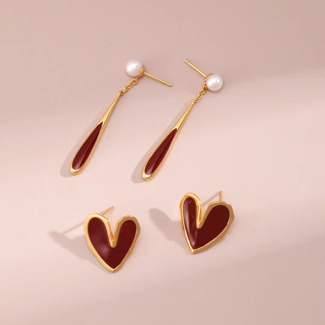 Heart Gold Plated Women's Vintage Stud Earrings China Red Drop Oil Series Wedding Party Christmas New Year Love Gift Box