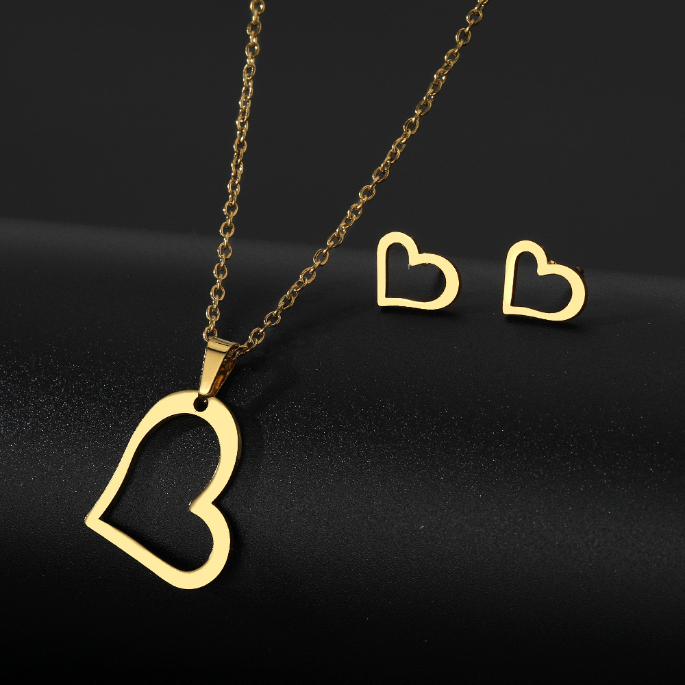 Heart Necklace and Earrings Jewelry Sets in Gold or Steel Stainless Steel Open Heart Pendant Set for Women