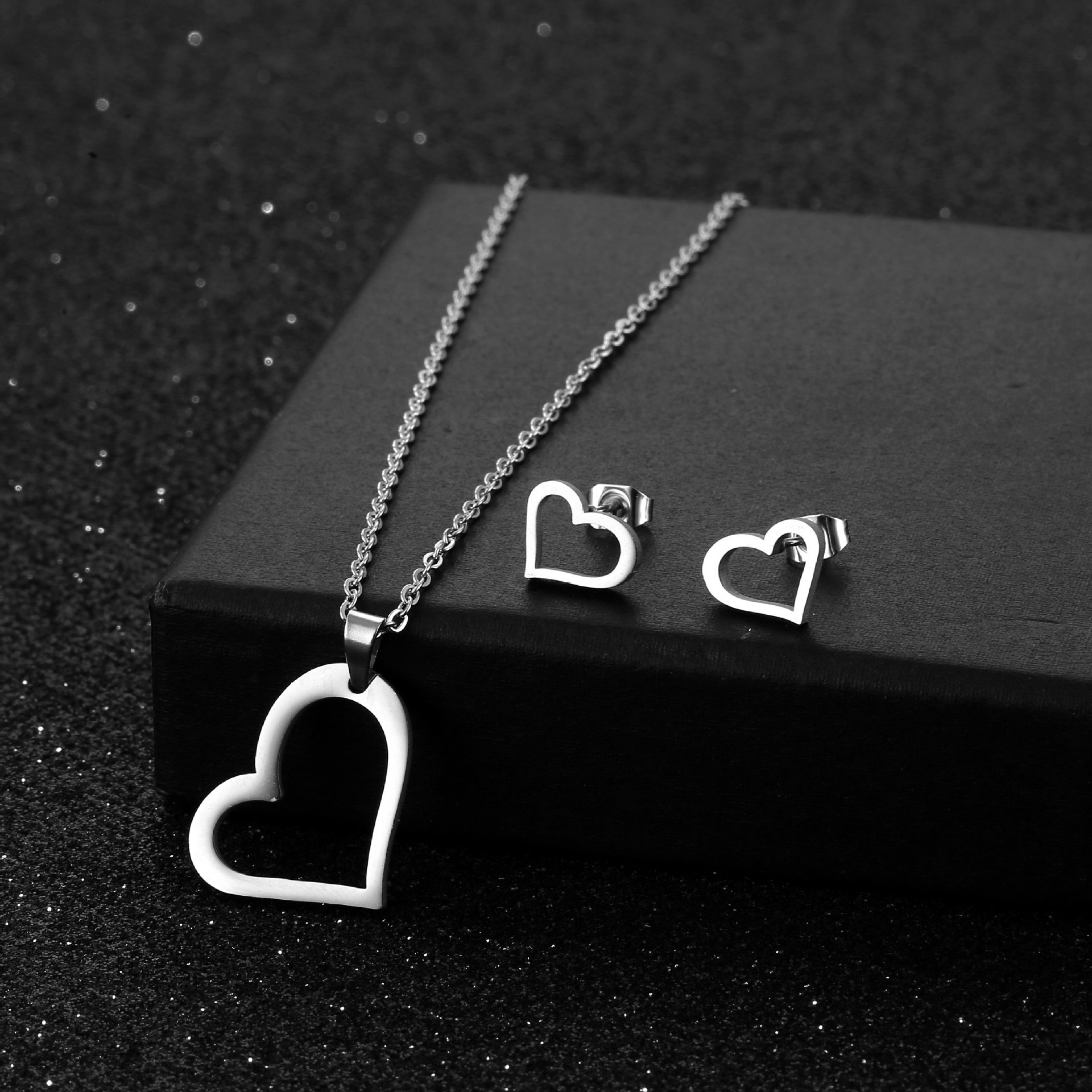 Heart Necklace and Earrings Jewelry Sets in Gold or Steel Stainless Steel Open Heart Pendant Set for Women