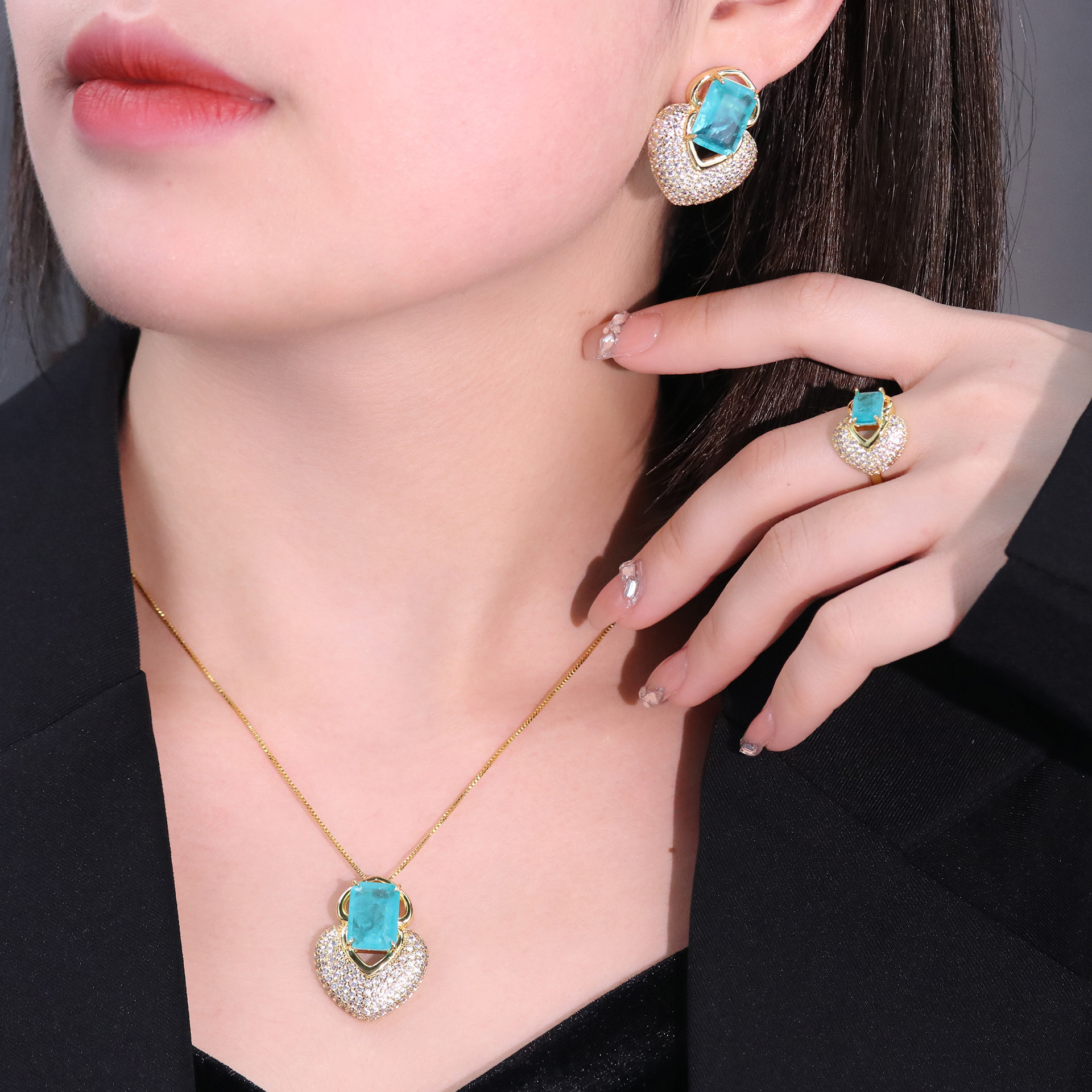 Heart Shaped Gold Plated fashion jewelry and jewelry sets with Blue Crystal Necklace, Earrings and Ring