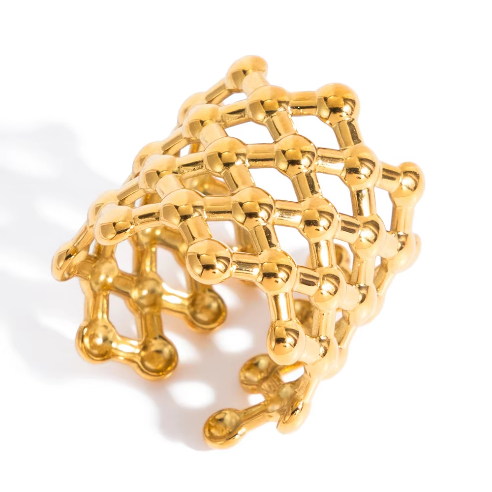 High-Quality Hollow Geometric Open Ring – 18K Gold Plated Stainless Steel Statement Jewelry for Women