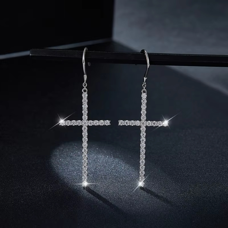 High End 925 Sterling Silver Cross Dangle Earrings Full Pave Moissanite Stones Personalized Fashion Jewelry Custom Earring