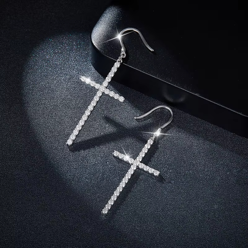 High End 925 Sterling Silver Cross Dangle Earrings Full Pave Moissanite Stones Personalized Fashion Jewelry Custom Earring