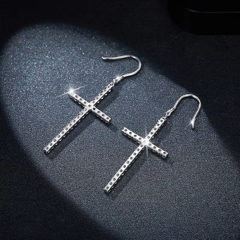 High End 925 Sterling Silver Cross Dangle Earrings Full Pave Moissanite Stones Personalized Fashion Jewelry Custom Earring