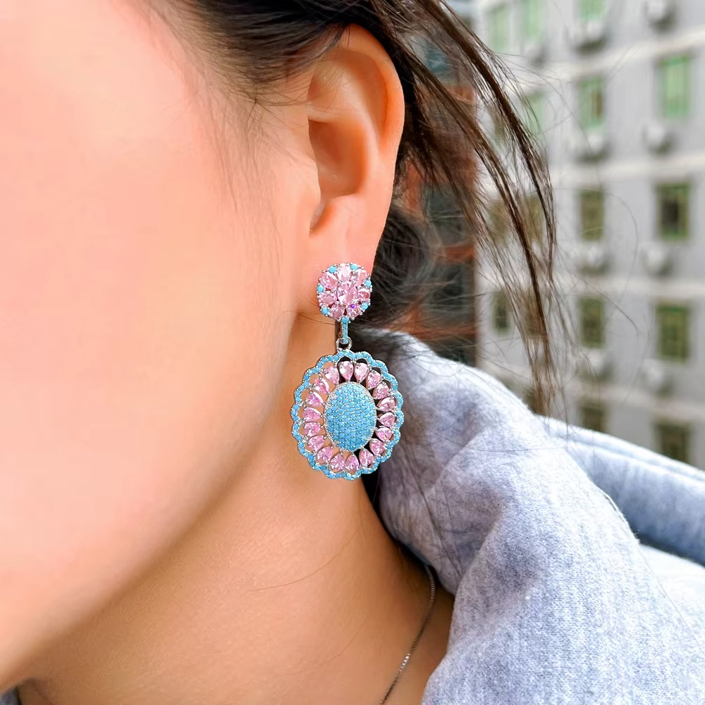 High Quality Fashion Pink Blue Jewelry Turquoise Zircon Flower Drop Earrings for Women Banquet Party Wedding Accessories
