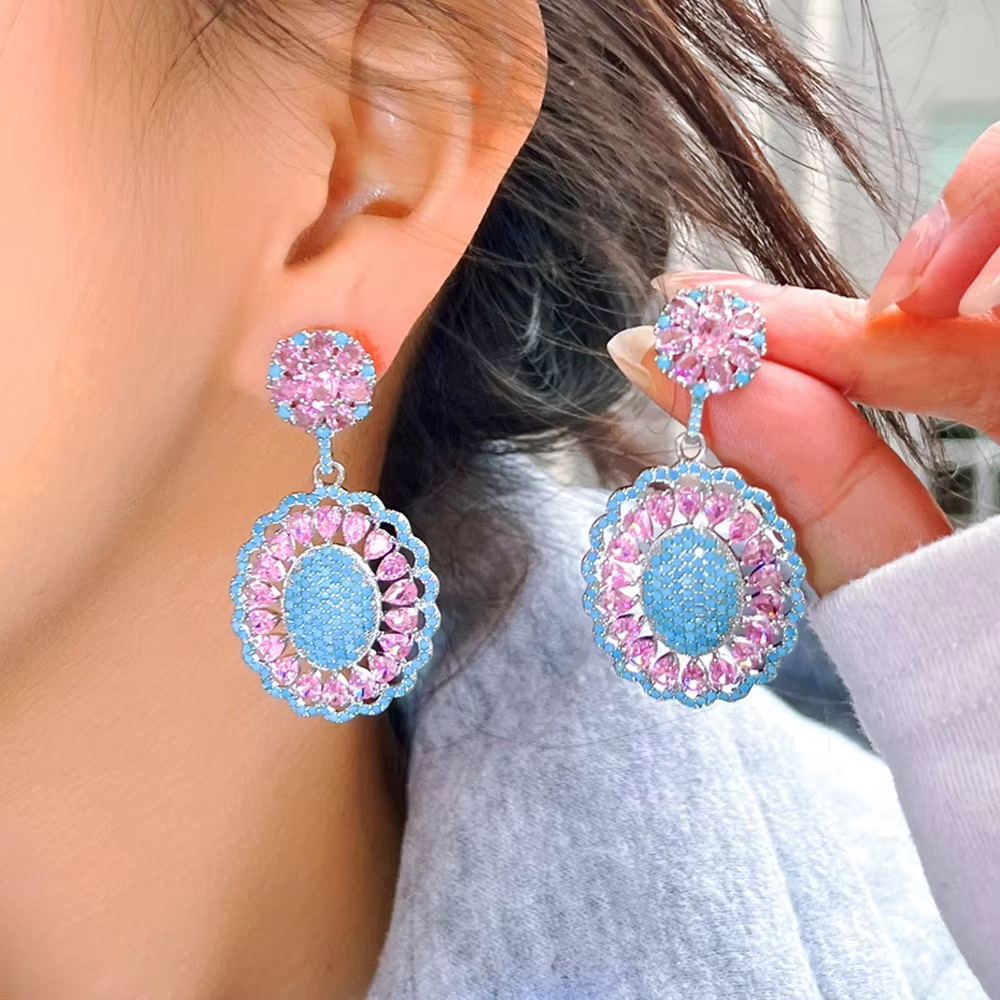 High Quality Fashion Pink Blue Jewelry Turquoise Zircon Flower Drop Earrings for Women Banquet Party Wedding Accessories