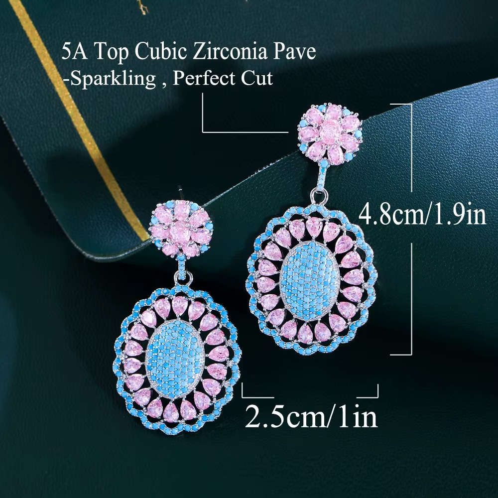 High Quality Fashion Pink Blue Jewelry Turquoise Zircon Flower Drop Earrings for Women Banquet Party Wedding Accessories