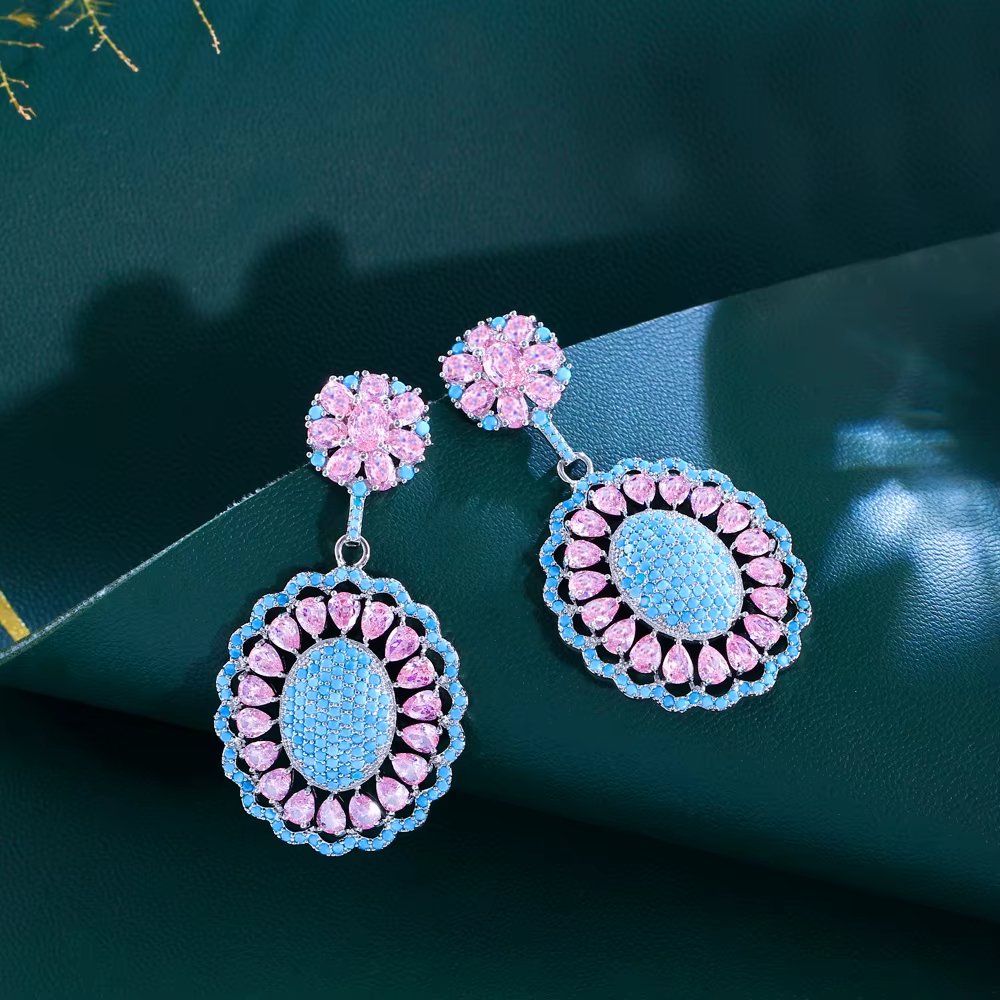 High Quality Fashion Pink Blue Jewelry Turquoise Zircon Flower Drop Earrings for Women Banquet Party Wedding Accessories