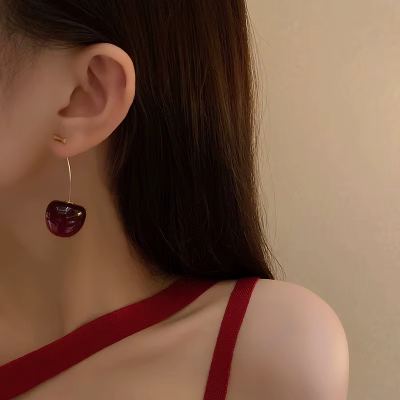 High Quality Gold Plated Fashion Fruit Acrylic Red Cherry Earrings for Women
