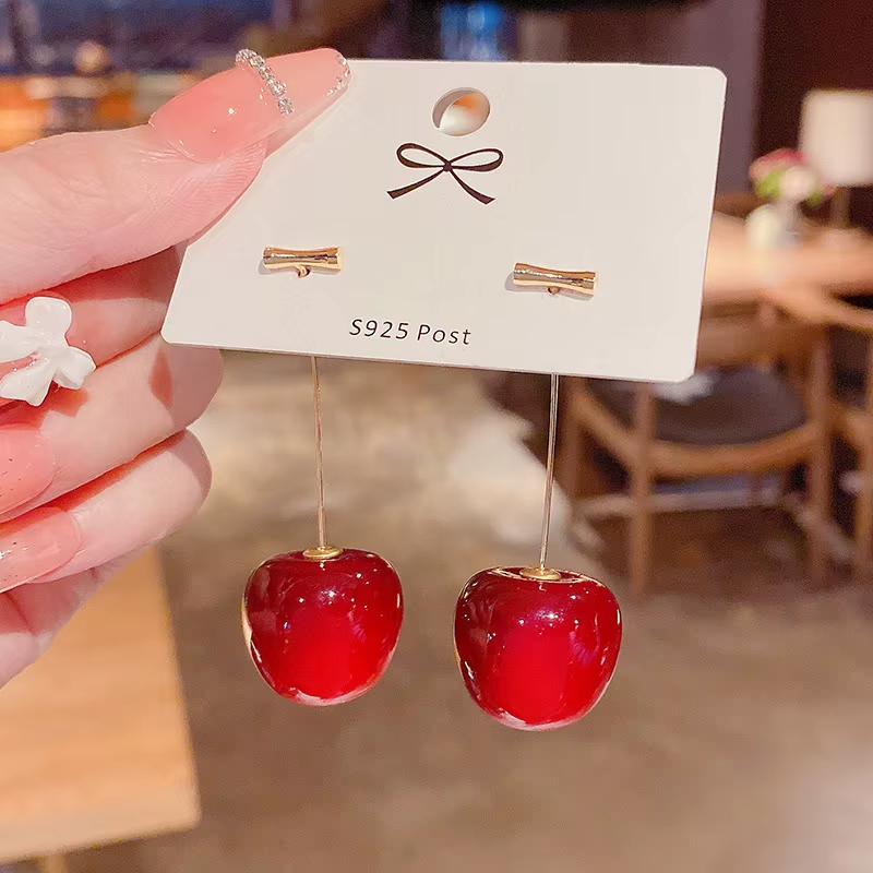 High Quality Gold Plated Fashion Fruit Acrylic Red Cherry Earrings for Women
