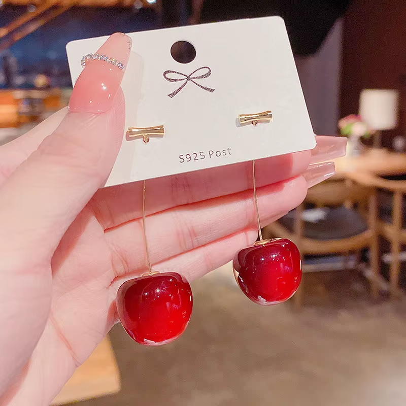 High Quality Gold Plated Fashion Fruit Acrylic Red Cherry Earrings for Women