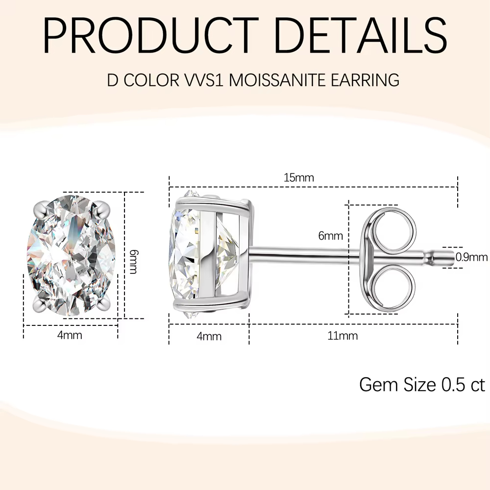 High Quality S925 Sterling Silver Ear Jewelry 0.5ct D Color VVS1 Moissanite Diamond 4 Prong 4*6mm 5*7mm Oval Cut Stud Earrings