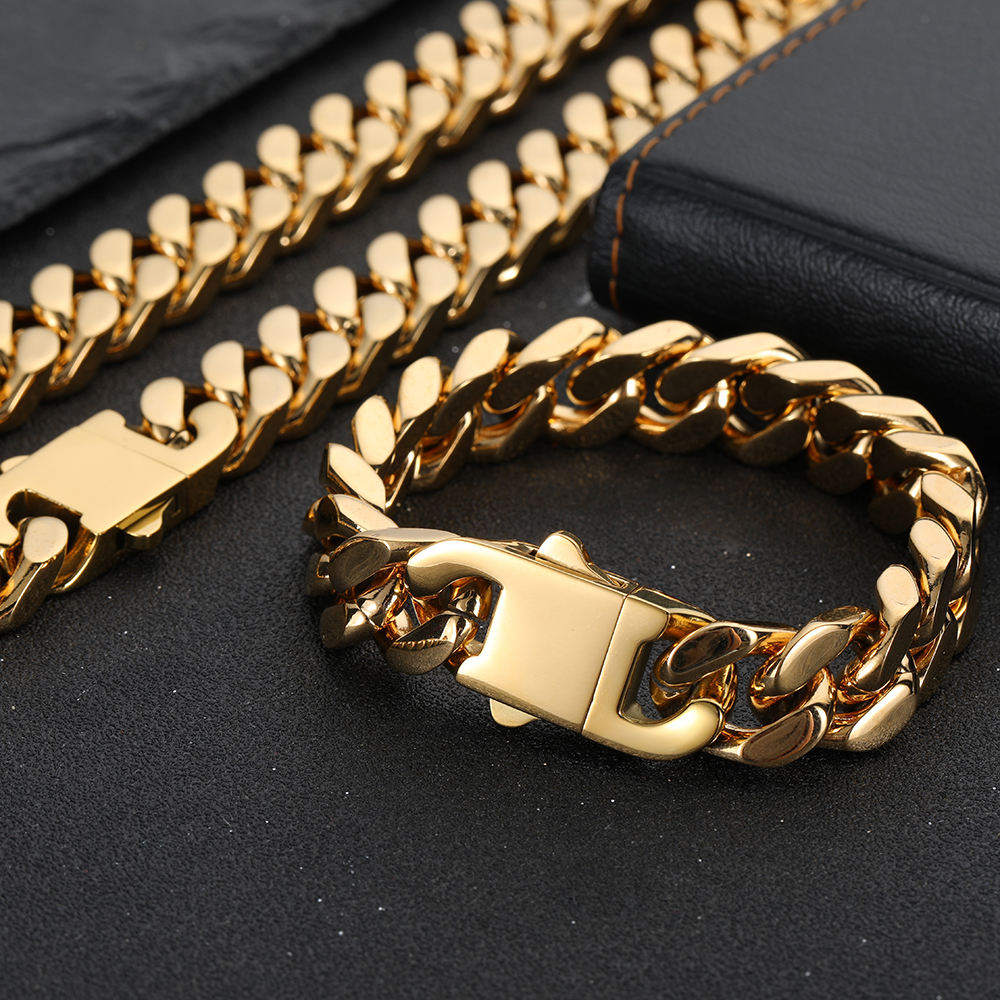 Hip Hop Jewelry Men 18K Gold Plated Stainless Steel Miami Cuban Bracelet Cuban Link Bracelet for Gift