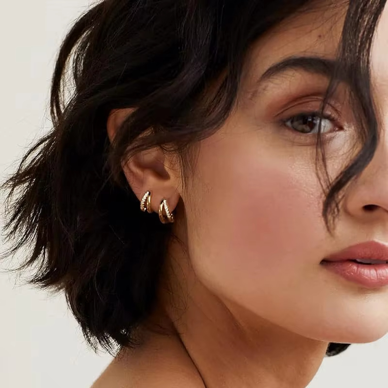 Hot Sale 925 Sterling Silver Brass 18K Gold Plated Round Double AAAAA Zirconia Huggie Hoop Earrings Jewellery for Women