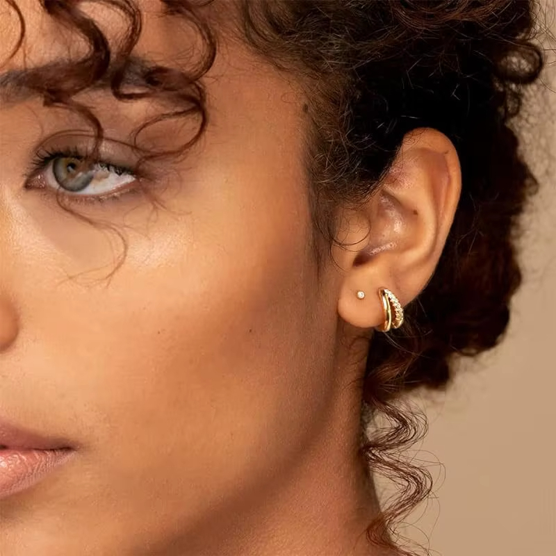 Hot Sale 925 Sterling Silver Brass 18K Gold Plated Round Double AAAAA Zirconia Huggie Hoop Earrings Jewellery for Women