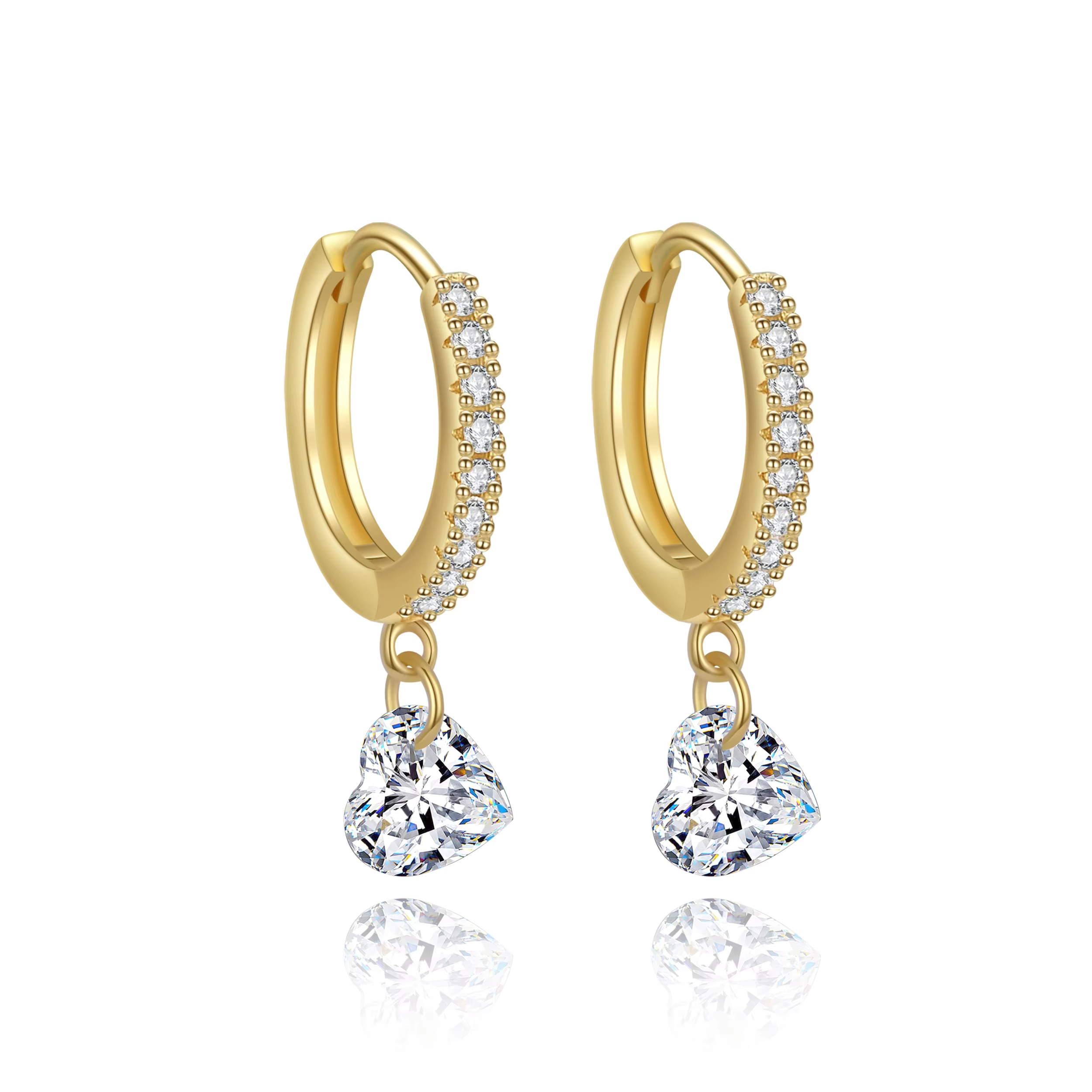 Hot Selling CZ Dangle Huggie Earrings 925 Sterling Silver Gold Plated Zircon Heart Earrings Hoop for Women
