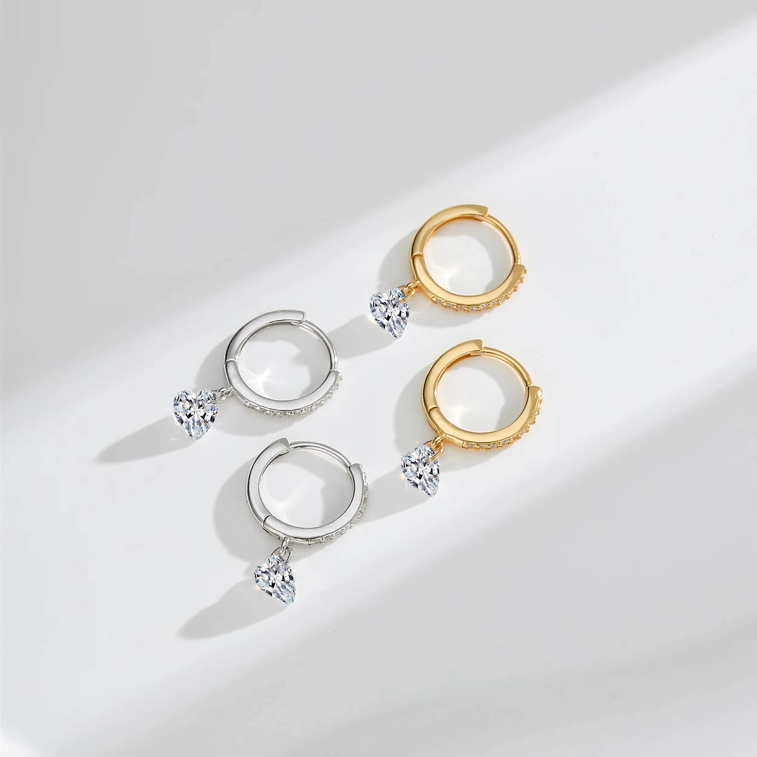 Hot Selling CZ Dangle Huggie Earrings 925 Sterling Silver Gold Plated Zircon Heart Earrings Hoop for Women