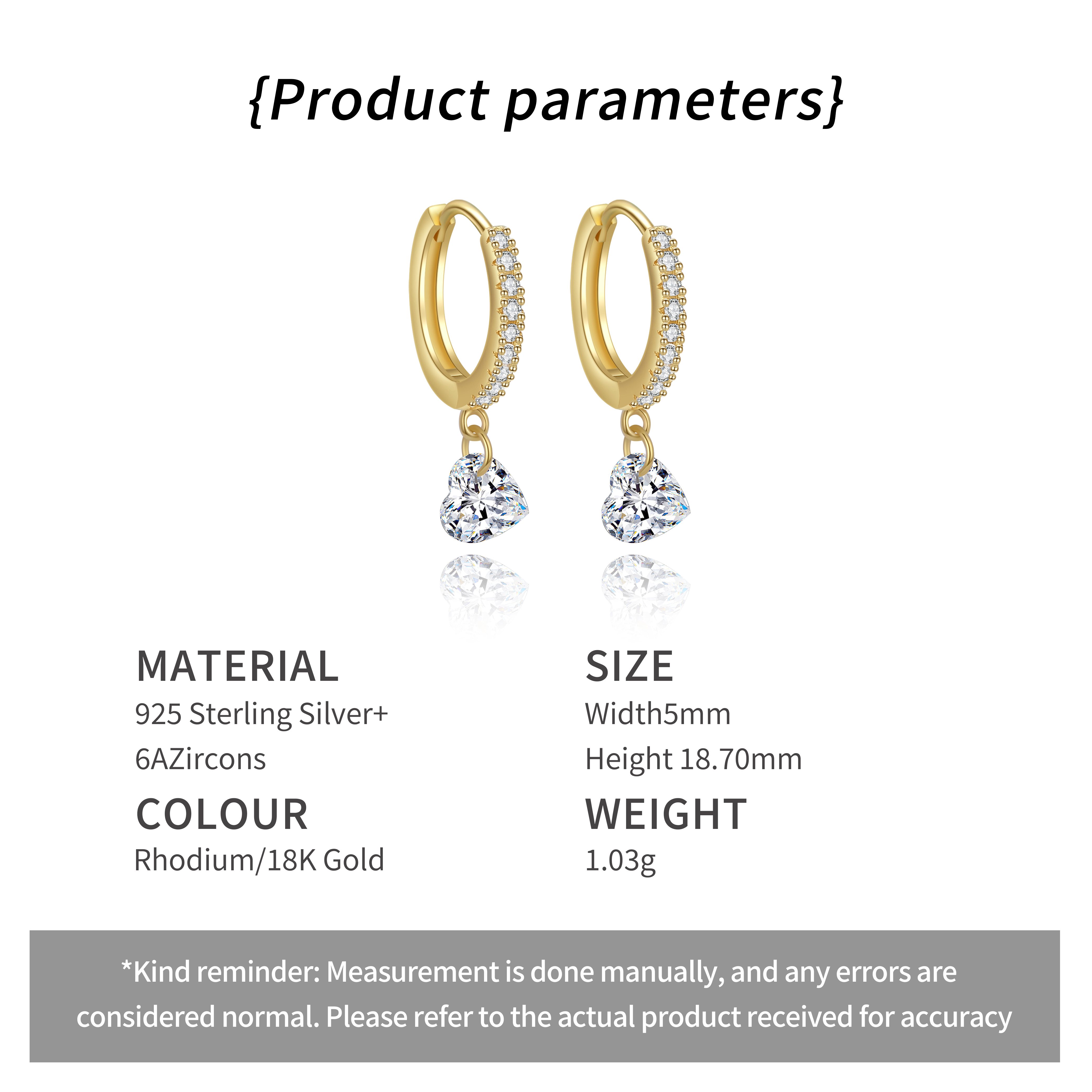 Hot Selling CZ Dangle Huggie Earrings 925 Sterling Silver Gold Plated Zircon Heart Earrings Hoop for Women