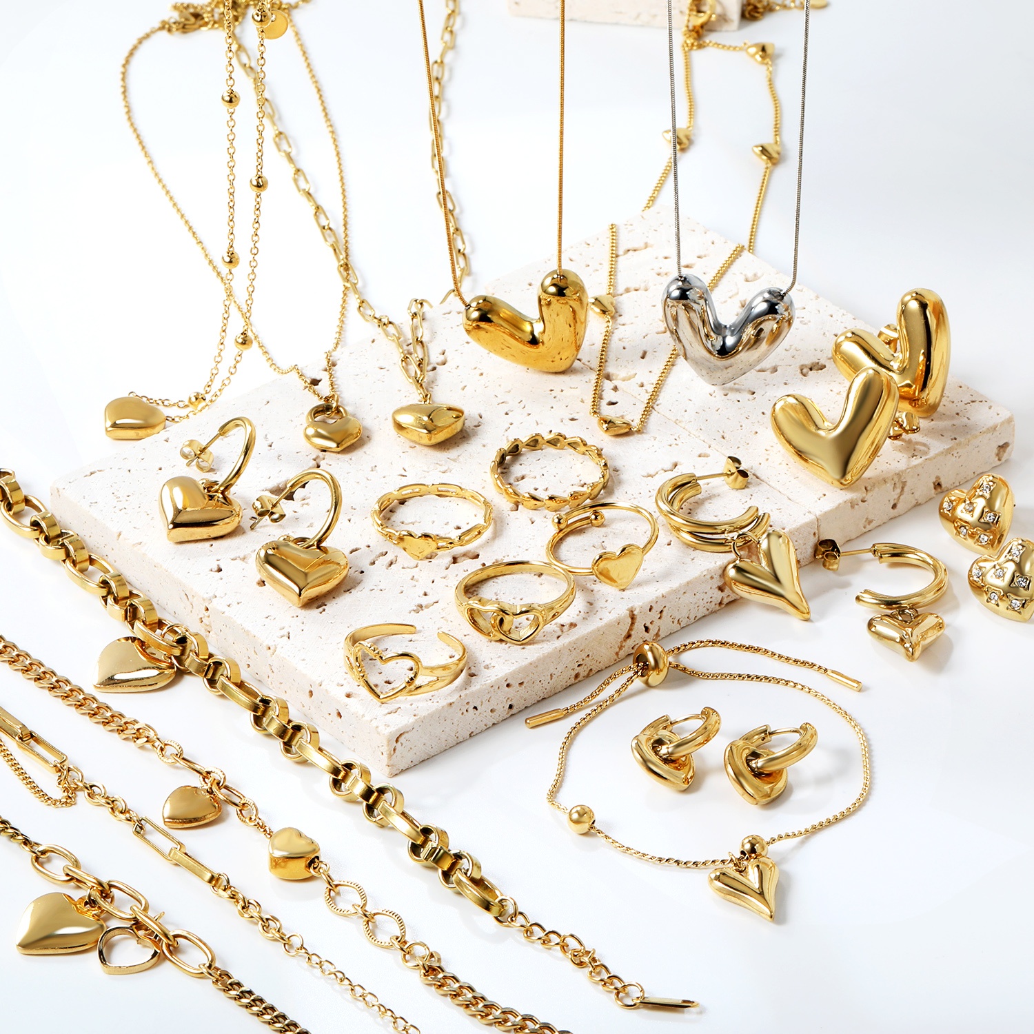 Hypoallergenic Gold Plated Geometric Jewelry Sets Stainless Steel Chunky Heart Shape Necklace Bracelet Rings Earrings for Women