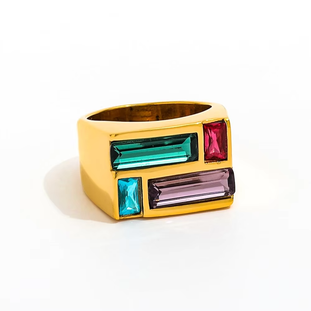 INS Hot High-End 18K Gold Plated Colorful Rectangle Crystal Ring for Women - Trendy Statement Jewelry