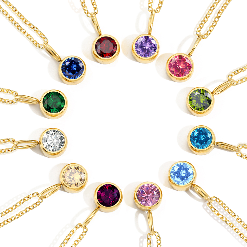 INS Stainless Steel 14K Gold Plated 8MM Colorful Zircon Birthstone Pendant Necklace Titanium Steel 12Months Zircon Necklace