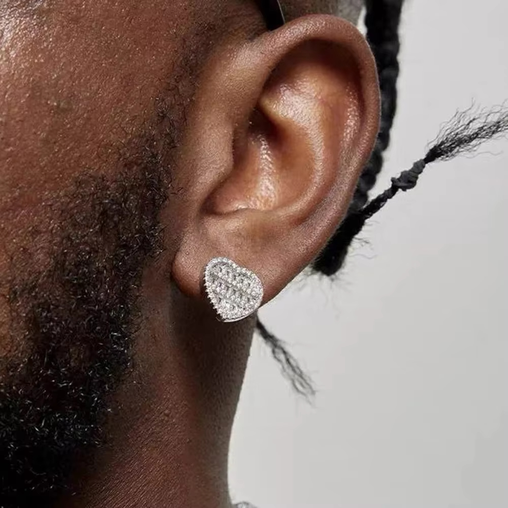 Ins Men's Women's Hiphop New Full Diamond Copper Heart-Shaped Earrings Threaded Ear Studs Cross-Border Jewelry Trend