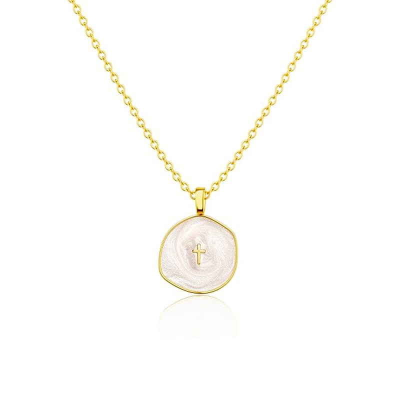 Ins Style Gold Plated Cross Pendant Necklace Pearl Enamel Round Charm Necklace for Women