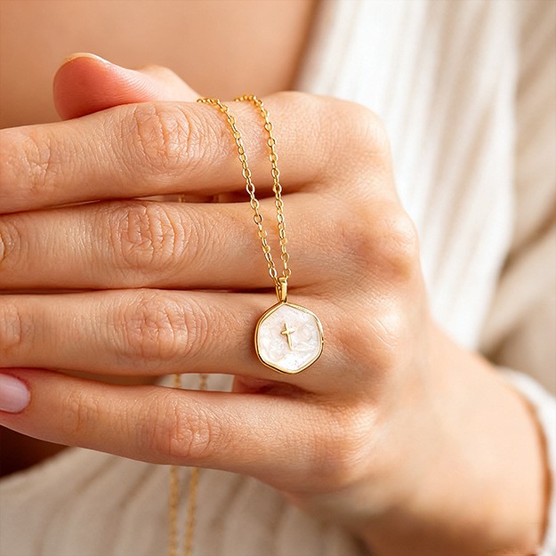 Ins Style Gold Plated Cross Pendant Necklace Pearl Enamel Round Charm Necklace for Women