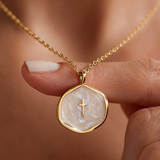 Ins Style Gold Plated Cross Pendant Necklace Pearl Enamel Round Charm Necklace for Women