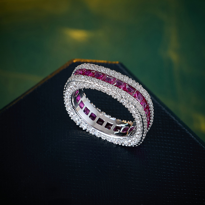 Irregular Geometric Ring – Full Zircon Paved Copper Band in Red & Silver