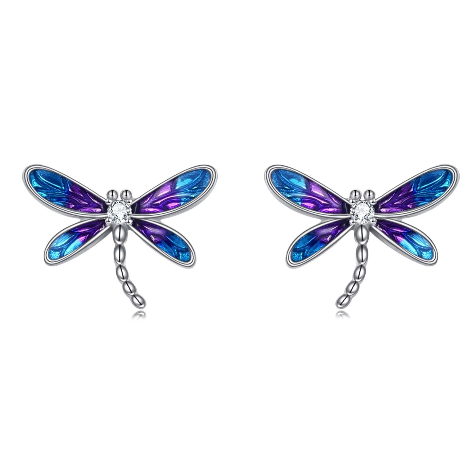 Jewelry Gifts 925 Sterling Silver Zircon Enamel Dragonfly Stud Earrings for Women