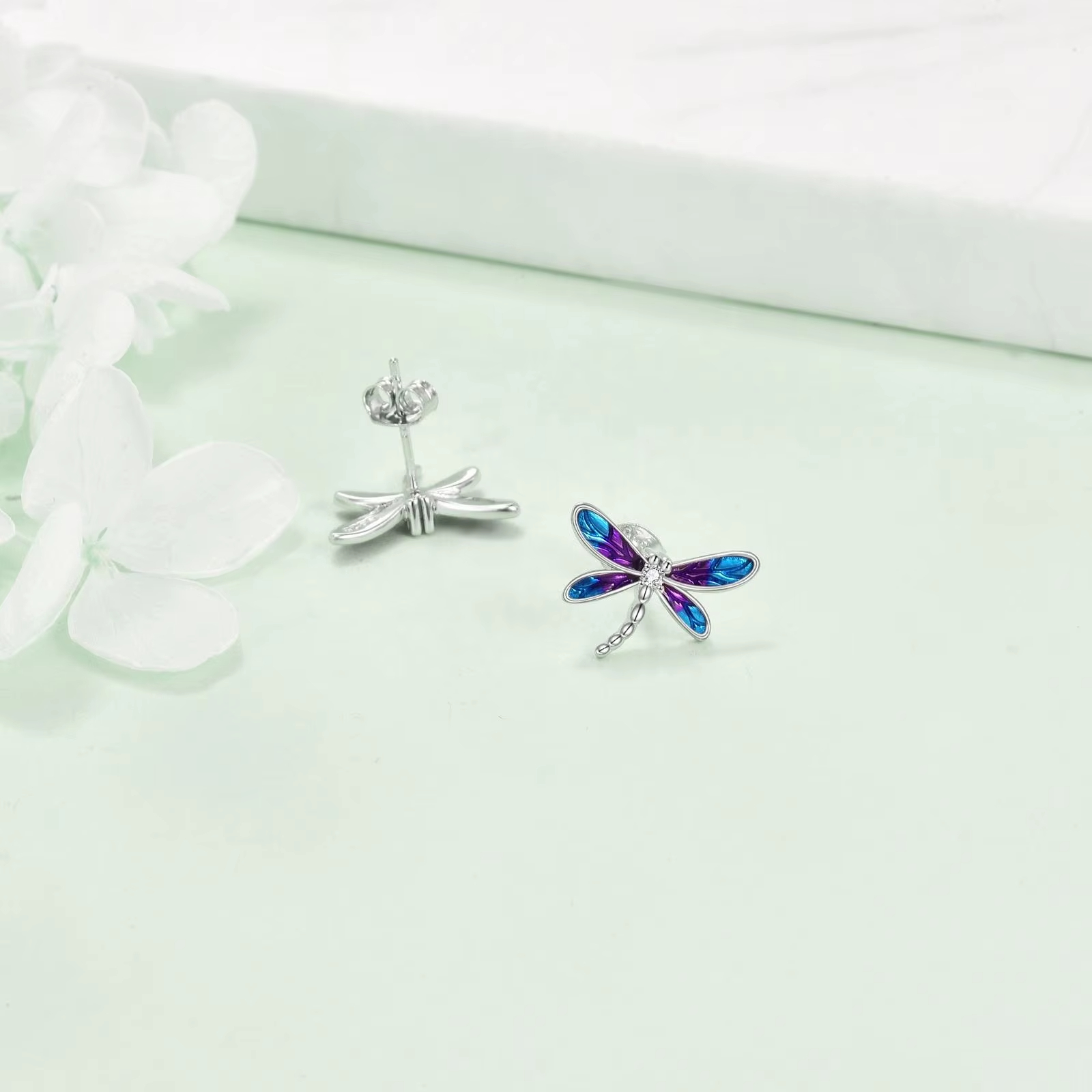 Jewelry Gifts 925 Sterling Silver Zircon Enamel Dragonfly Stud Earrings for Women