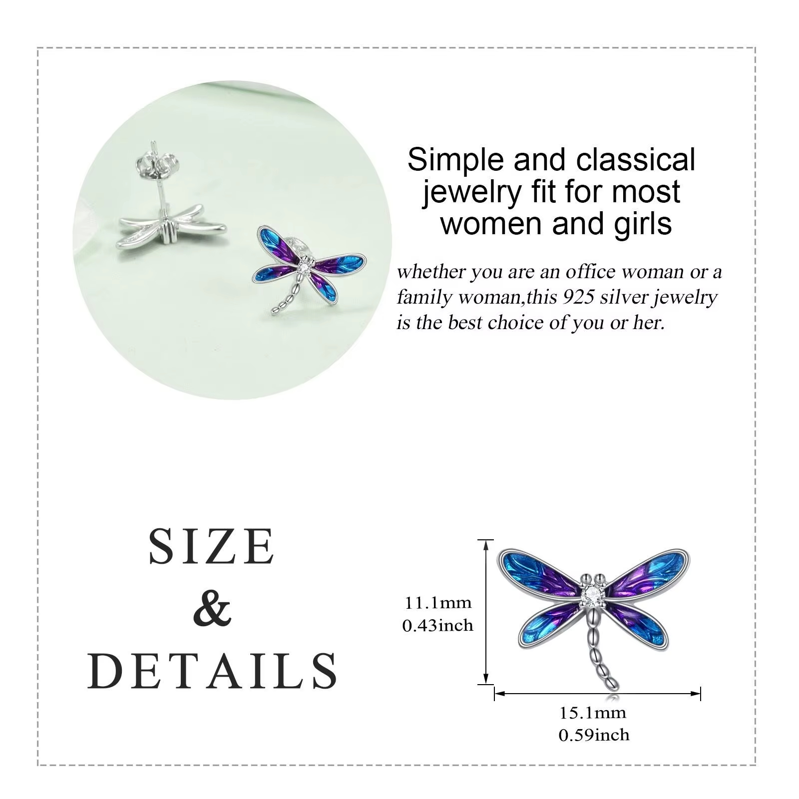 Jewelry Gifts 925 Sterling Silver Zircon Enamel Dragonfly Stud Earrings for Women