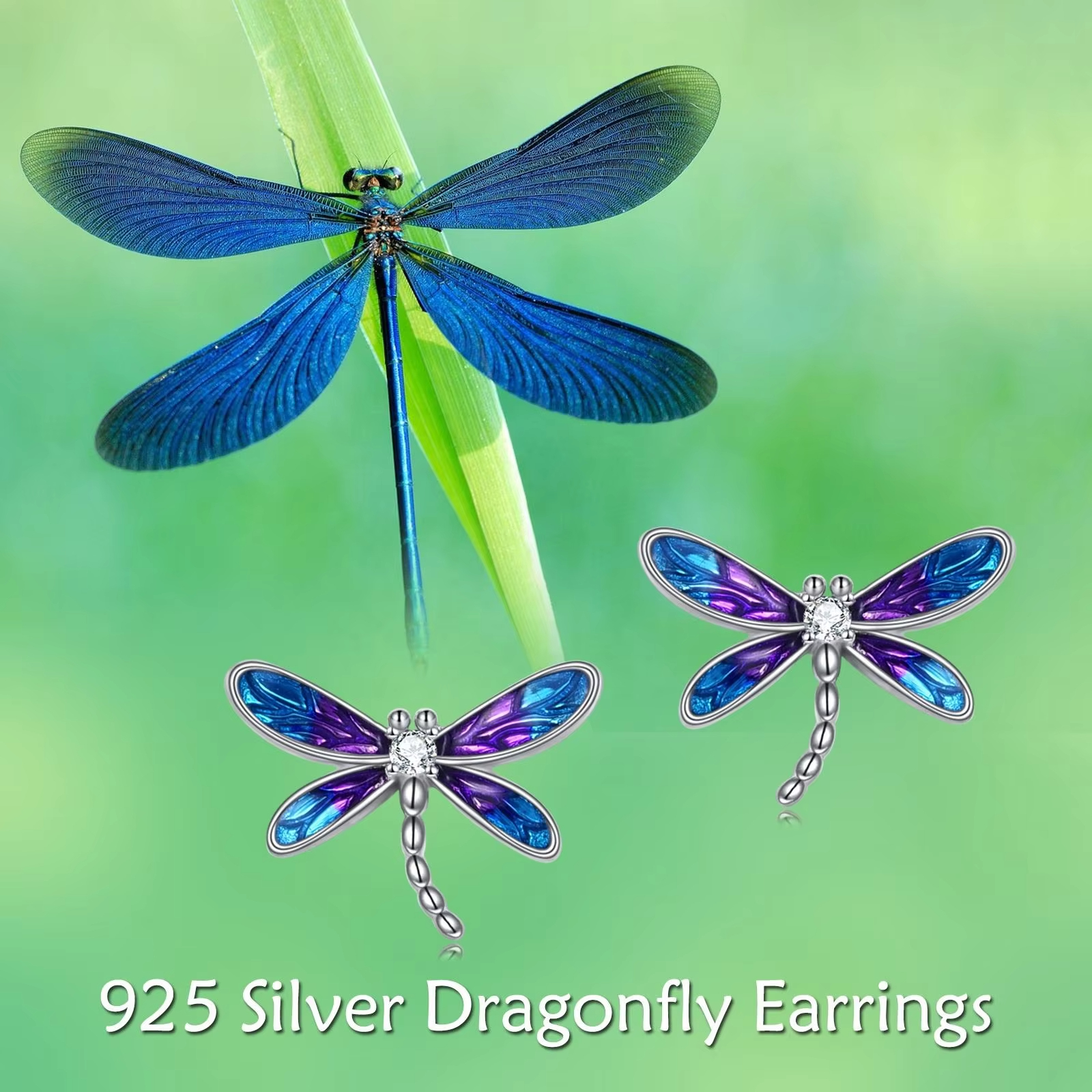 Jewelry Gifts 925 Sterling Silver Zircon Enamel Dragonfly Stud Earrings for Women
