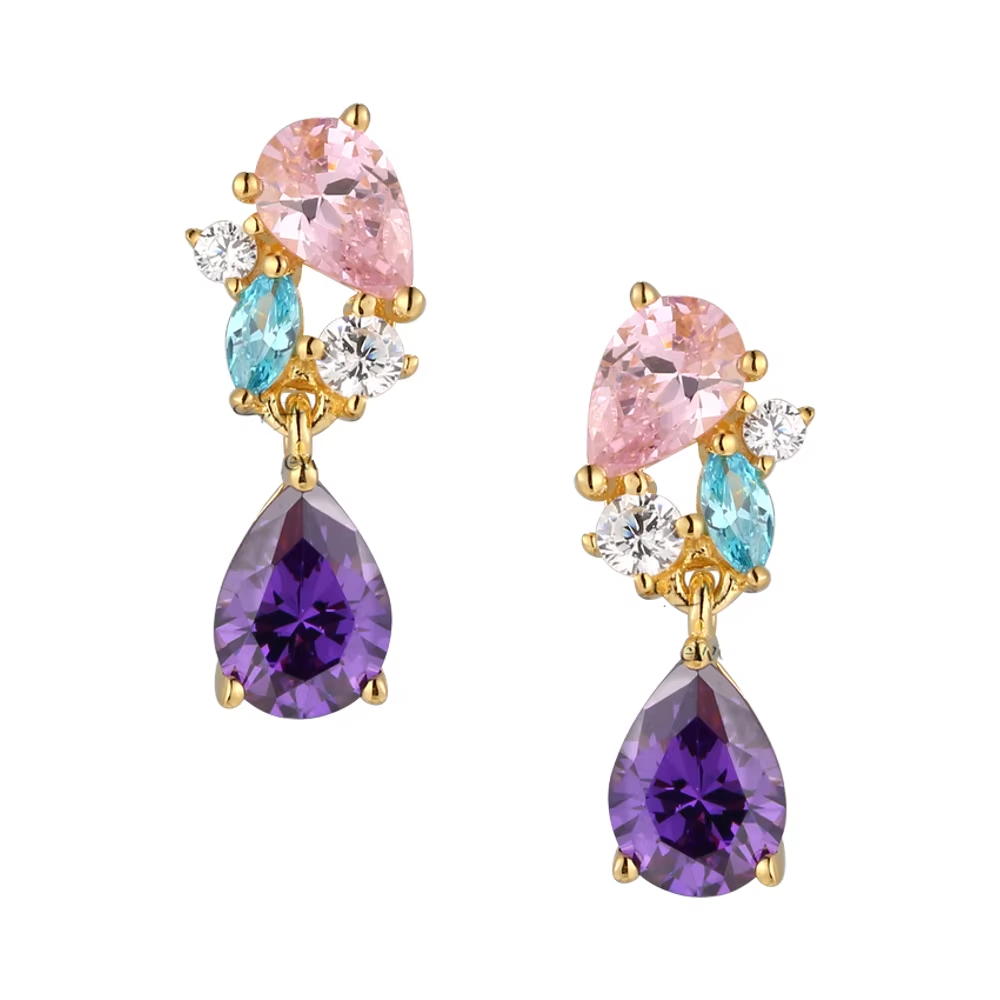 Jewelry Noble Luxurious Big Gemstone Purple Zircon Pink Stone Gold Plated 925 Silver Fashion Jewelry Luxury Women Earrings