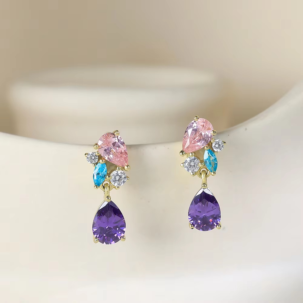 Jewelry Noble Luxurious Big Gemstone Purple Zircon Pink Stone Gold Plated 925 Silver Fashion Jewelry Luxury Women Earrings