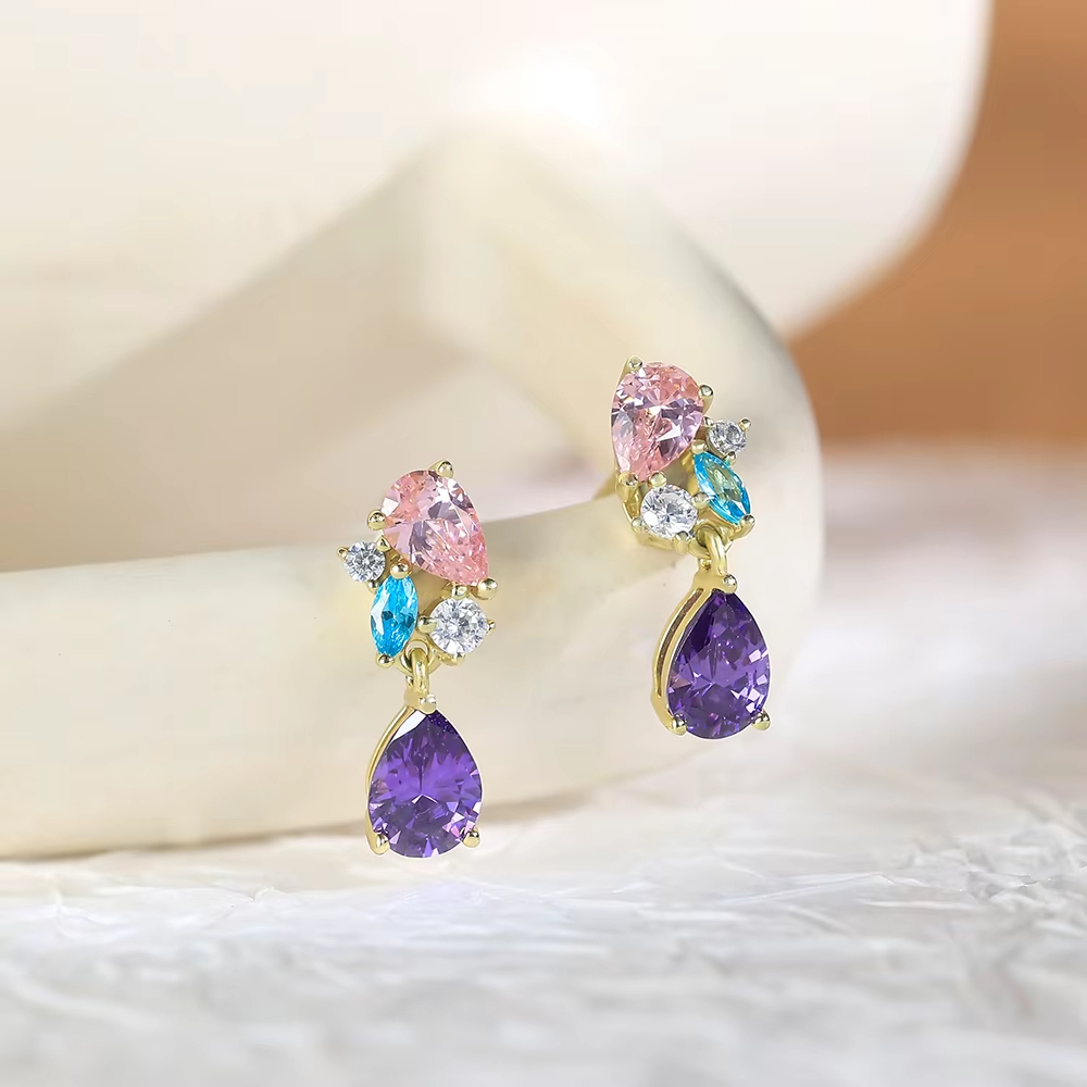 Jewelry Noble Luxurious Big Gemstone Purple Zircon Pink Stone Gold Plated 925 Silver Fashion Jewelry Luxury Women Earrings