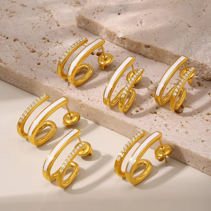 Korean Earrings Wholesale Stainless Steel 18K Gold Plated Zircon Fashion Simple Famille Rose Earrings for Women