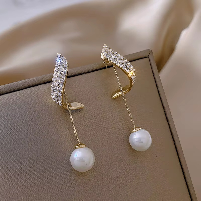 Korean Fashion Tassel Long Crystal Earrings Women Fashion Water Drop Crystal Pearl Earrings