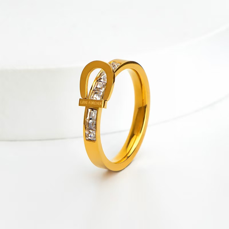 LOVE FOREVER Engraved Gold Plated Stainless Steel Ring with Inlaid Zircons for Women