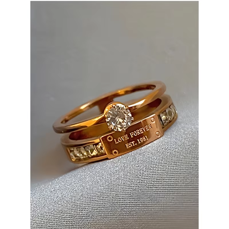 LOVE FOREVER Engraved Titanium Steel Engagement Ring with Zircon – Women's Wedding Jewelry