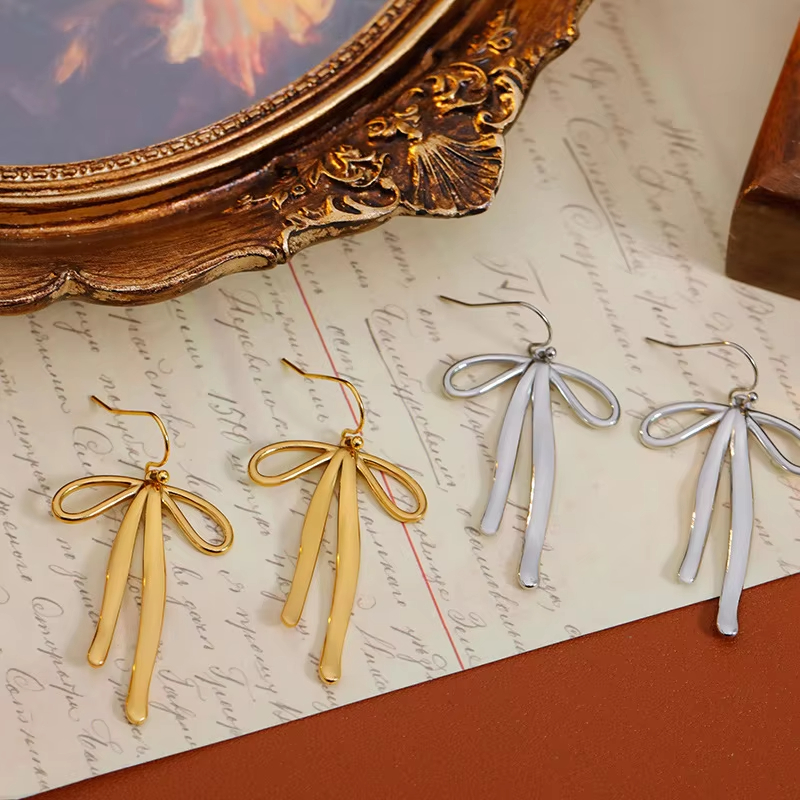 Large Minimalist Bow Pendant Stainless Steel Earrings for Women, Retro Color-Fast Hoop Jewelry