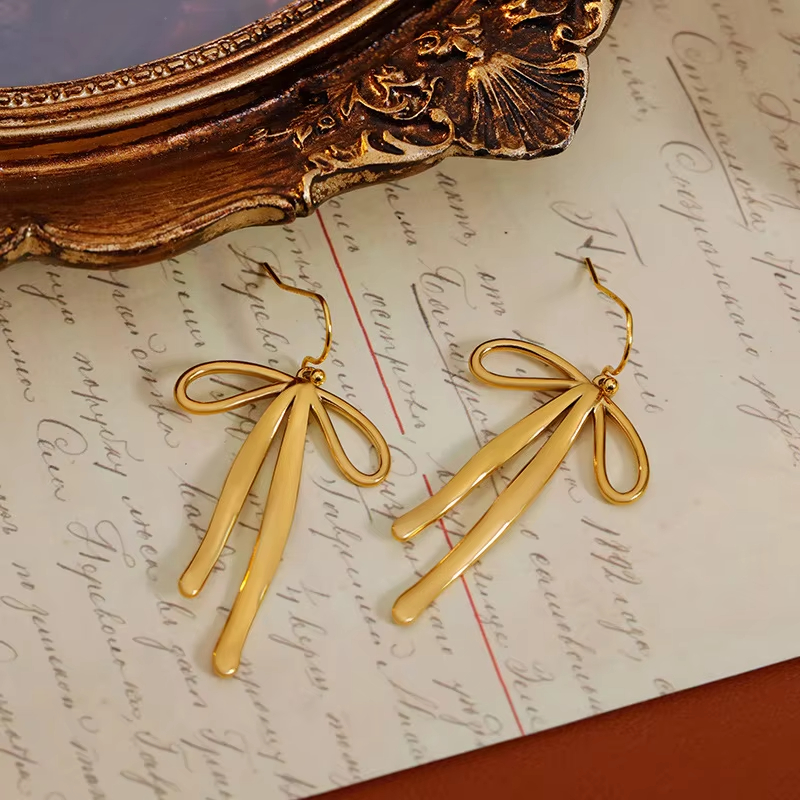 Large Minimalist Bow Pendant Stainless Steel Earrings for Women, Retro Color-Fast Hoop Jewelry