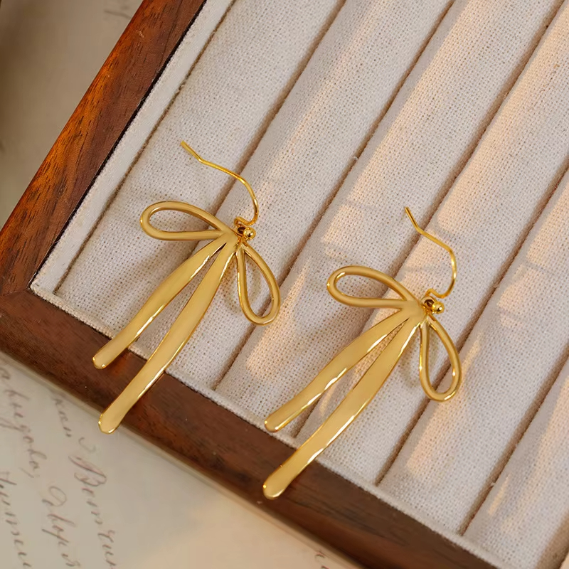 Large Minimalist Bow Pendant Stainless Steel Earrings for Women, Retro Color-Fast Hoop Jewelry