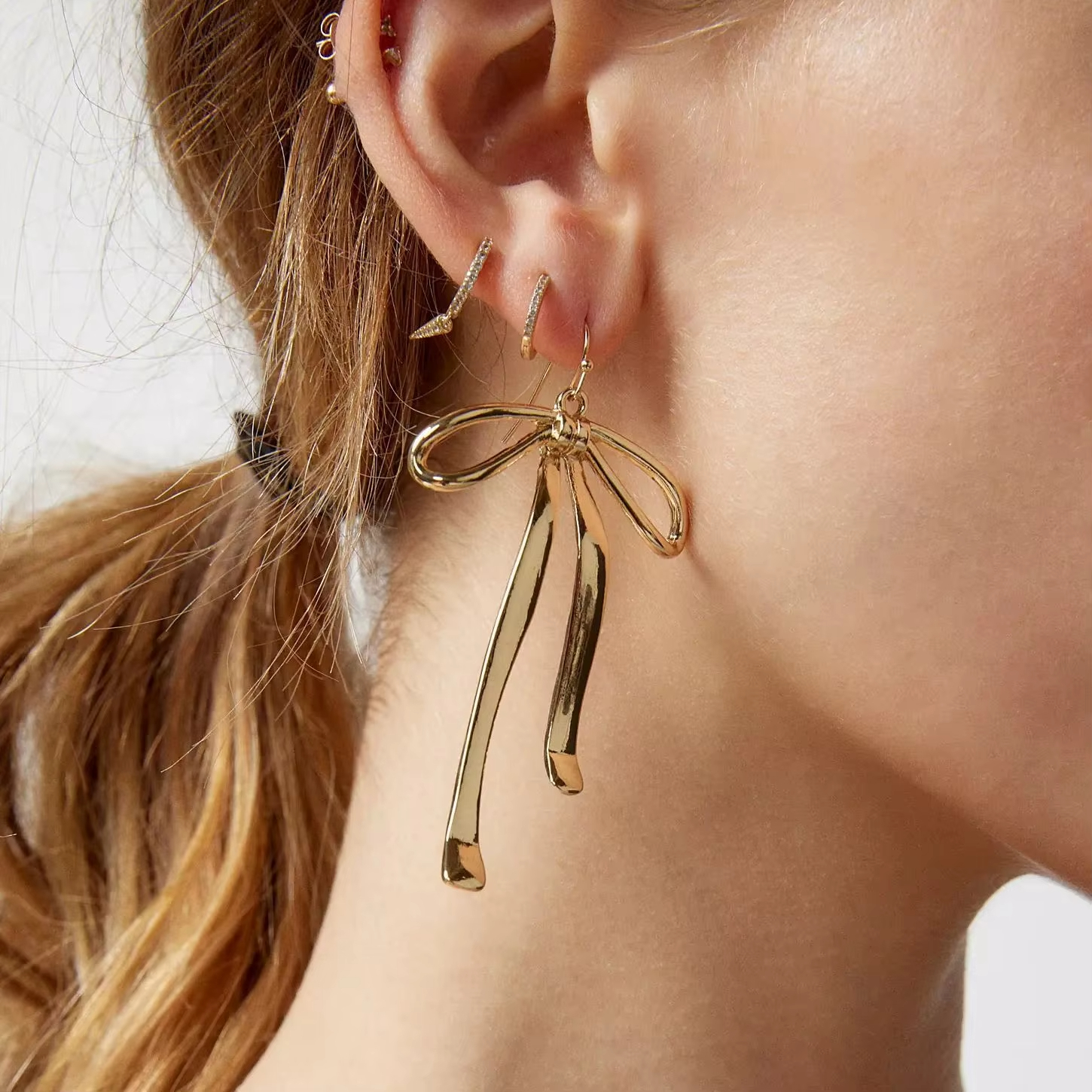 Large Minimalist Bow Pendant Stainless Steel Earrings for Women, Retro Color-Fast Hoop Jewelry