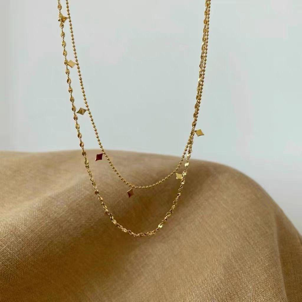 Layered Geometric Charm Necklace – 18K Gold Plated Titanium Steel | Minimalist Double Chain Jewelry